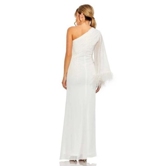 New Mac Duggal Size 6 White 11442 Feather Cuff One Shoulder Gown Dress Wedding - Picture 3 of 9